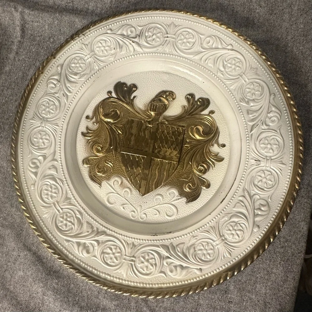 Elegant Brass / White Shield Coat of Arms Wall Plaques. Set of 2